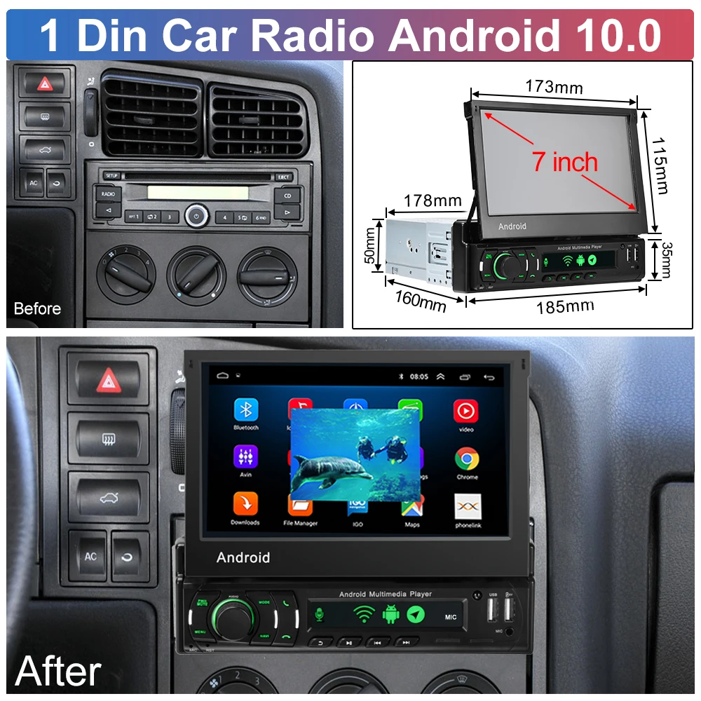 LEHX راديو 1Din أندرويد السيارات Carplay 7 "HD العالمي ستيريو نظام تحديد المواقع الملاح شاشة قابل للسحب راديو السيارة الوسائط المتعددة الفيديو رئيس وحدة DVD #5