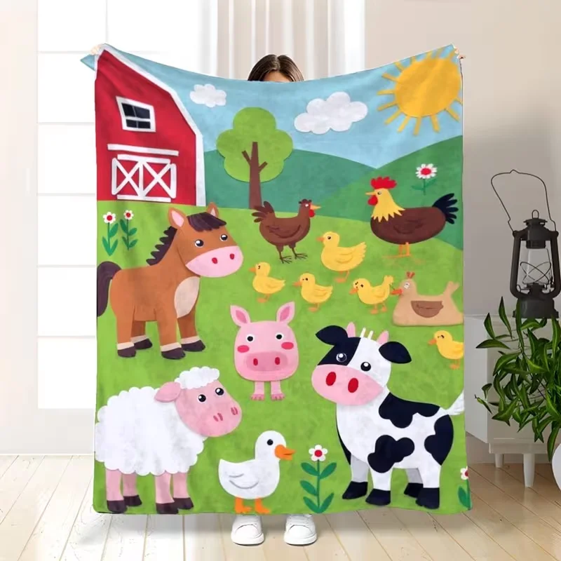 1pc Jumbo Large Farm Animal Blanket - Soft Flannel Bedspread Suitable Cozy Bed Covering, Base with Barn & Cows Pastoral Design,