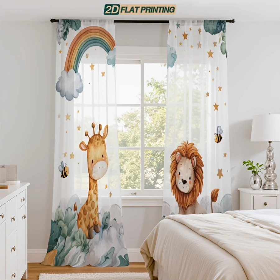 2PCS Digital Printing Sheer Curtain, Cartoon Giraffe Lion Rainbow Pattern, Cute Safari Jungle Animals Kids Nursery Decor