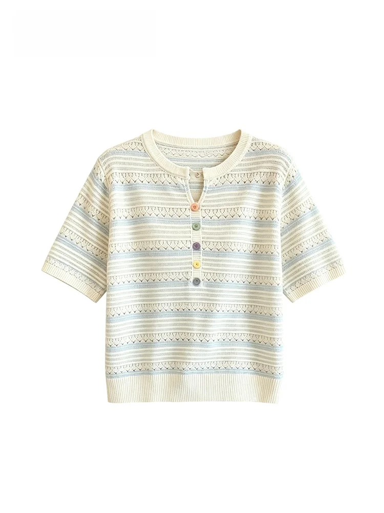 

plus Size Women's T-Shirt Short Sleeve Loose Fit Striped Slimming Summer Fashion Korean Style Knitted Cotton round Neck Top