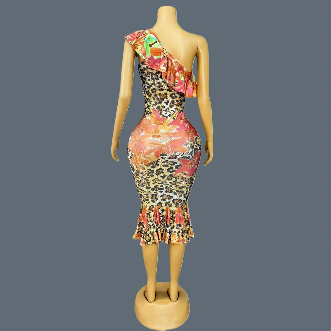 Sukienka koktajlowa w panterkę z falbanami, odkryte ramiona, bandażowa, elegancka, damska, na urodziny, wesele, modny strój, Heyebao