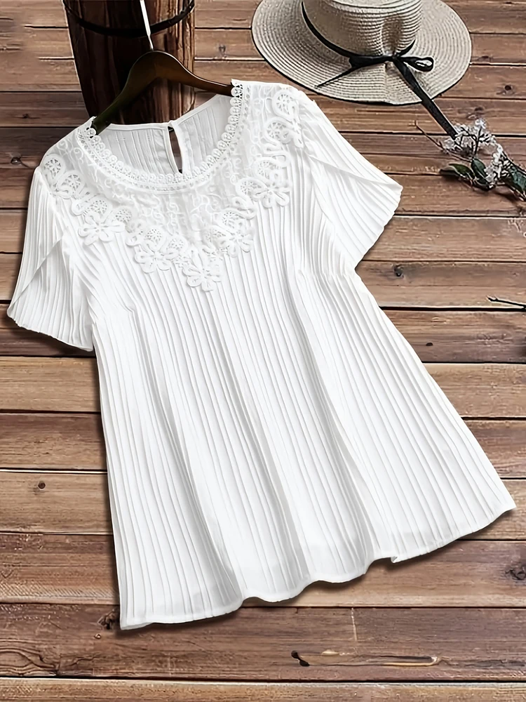 

Plus Size Elegant Pure Colour Spell Lace Large Size Women Tops Casual Loose Chest Hollow Round Neck Tops
