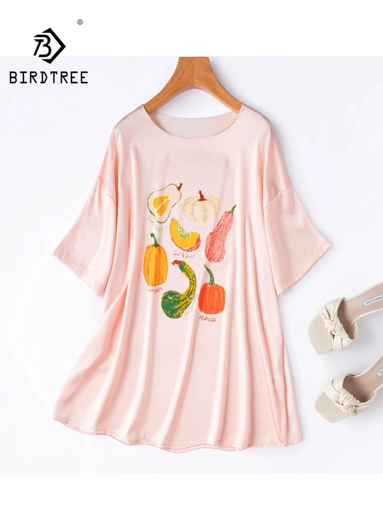 BirdTree-20MM 93%Silk 7%Spandex Elegant T-Shirt, O Neck Cartoon Print, Women Fashion Cool Loose Tops, 2026 Summer New T67387CC