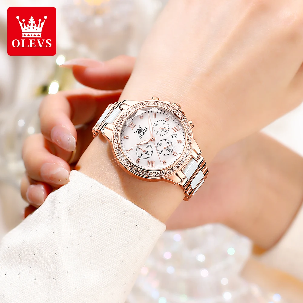 OLEVS 9999 Women Watch Luxury Quartz Wristwatch Ceramic Strap Waterproof Multifunctional Chronograph Ladies Watch Bracelet Set