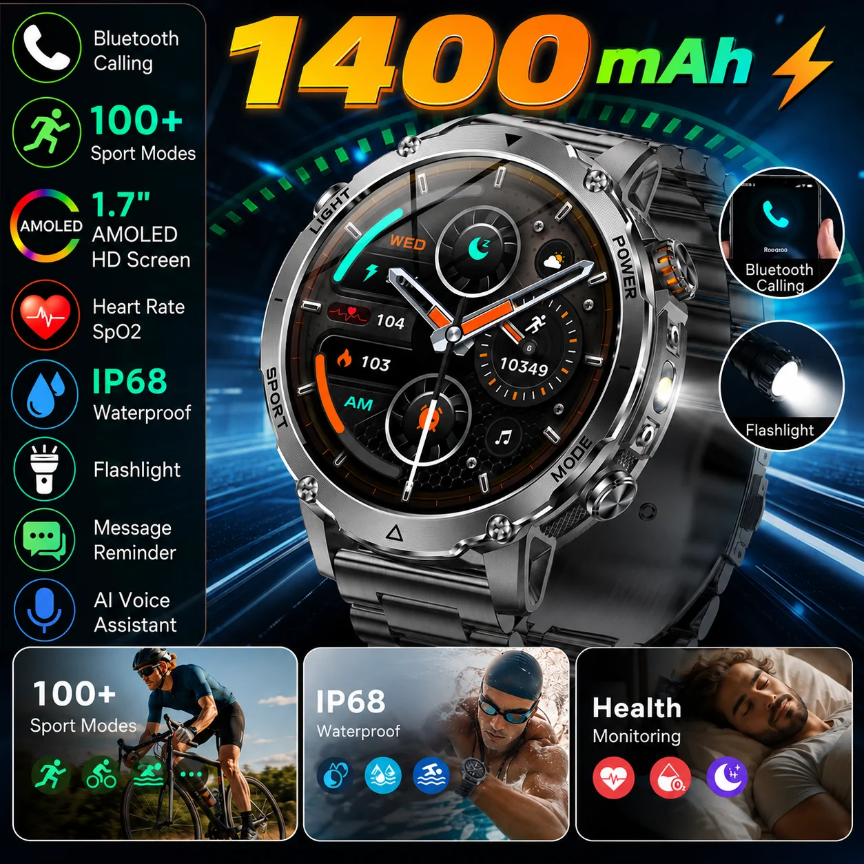 

LIGE New Fashion 1400mAh Large Battery Smart Watches 1.7" AMOLED Screen LED Flashlight Bluetooth Call Health Monitor Smartwatch