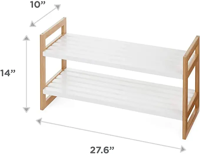 

！@Combohome 2-Tier White Wooden Bamboo Shoe Rack Utility Storage Organizer