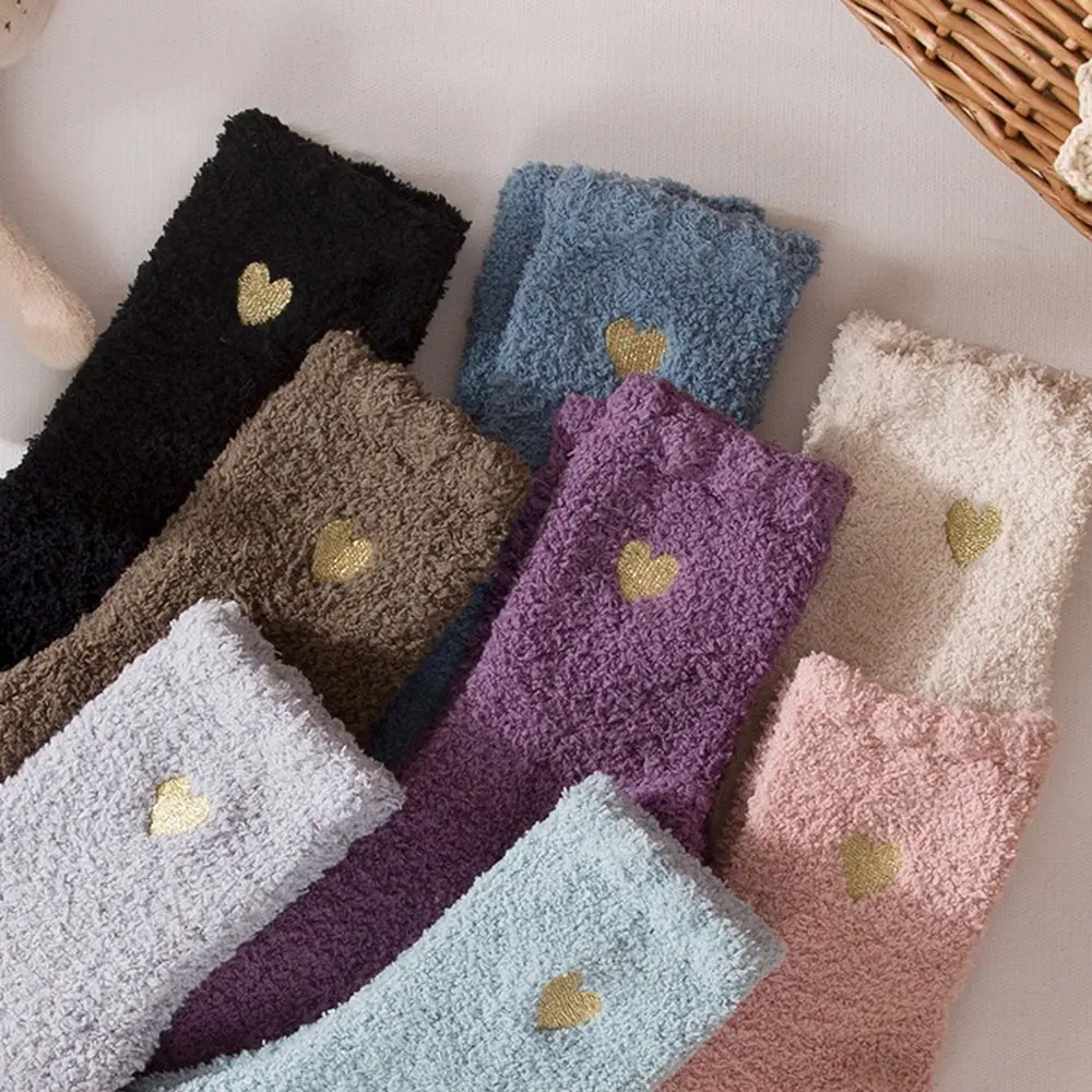 Soft Warm Simple Sweet Solid Color Love Embroidery Cute Floor Socks Mid-tube Socks Coral Fleece Socks Female Hosiery
