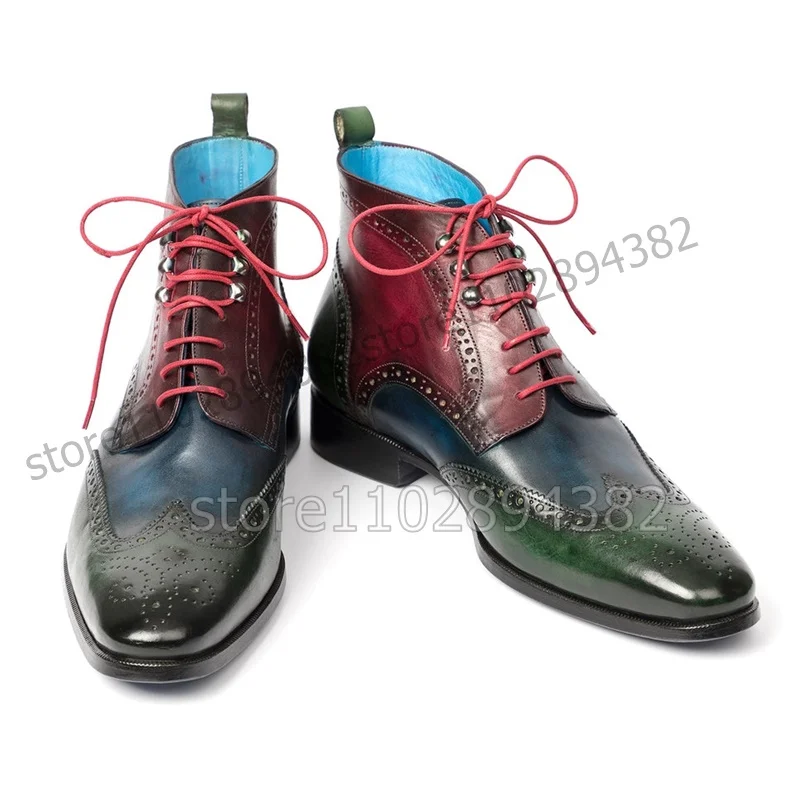 Mixed Color Carving Design Strappy Ankle Boots Fashion Lace up Men Boots Luxurious Handmade Party Feast Banquet Men Dress Shoes