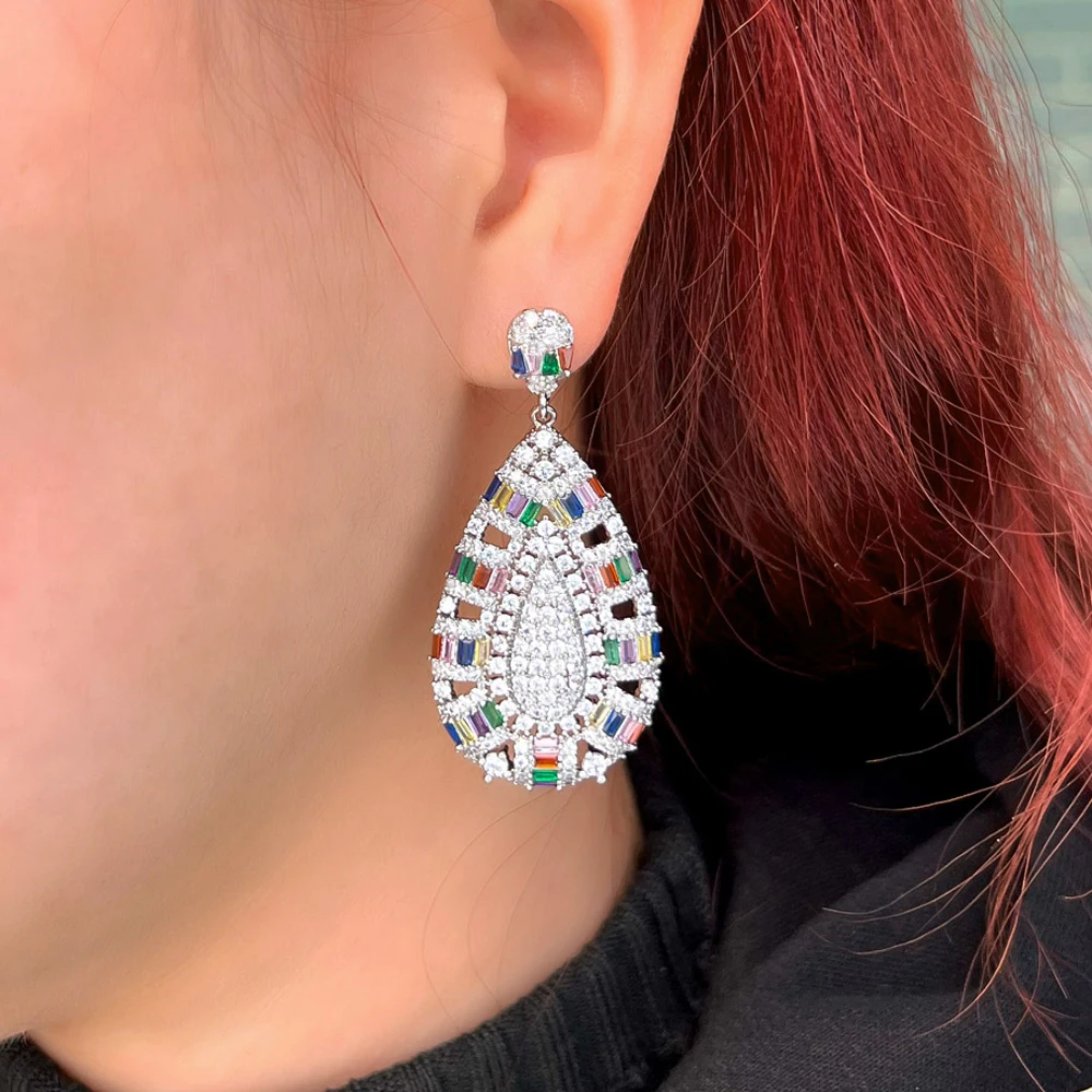ThreeGraces Personality Multicolor Cubic Zirconia Long Big Dangle Drop Earrings for Women Fashion Banquet Party Jewelry E1067