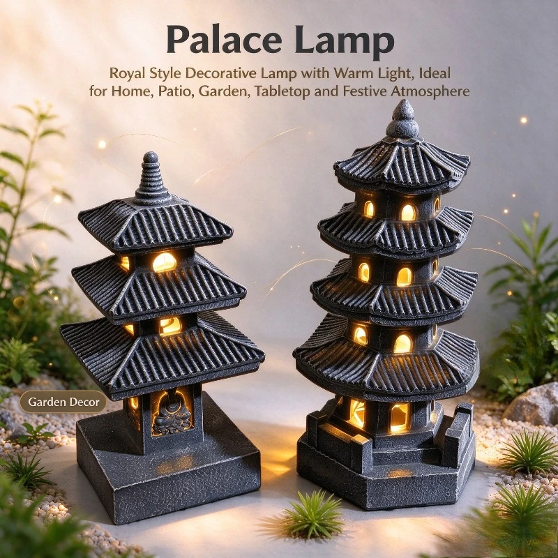 1PC Solar Creative Stone Tower Palace Lantern Courtyard Ornament Garden Landscape Statue Villa Decorative Craft