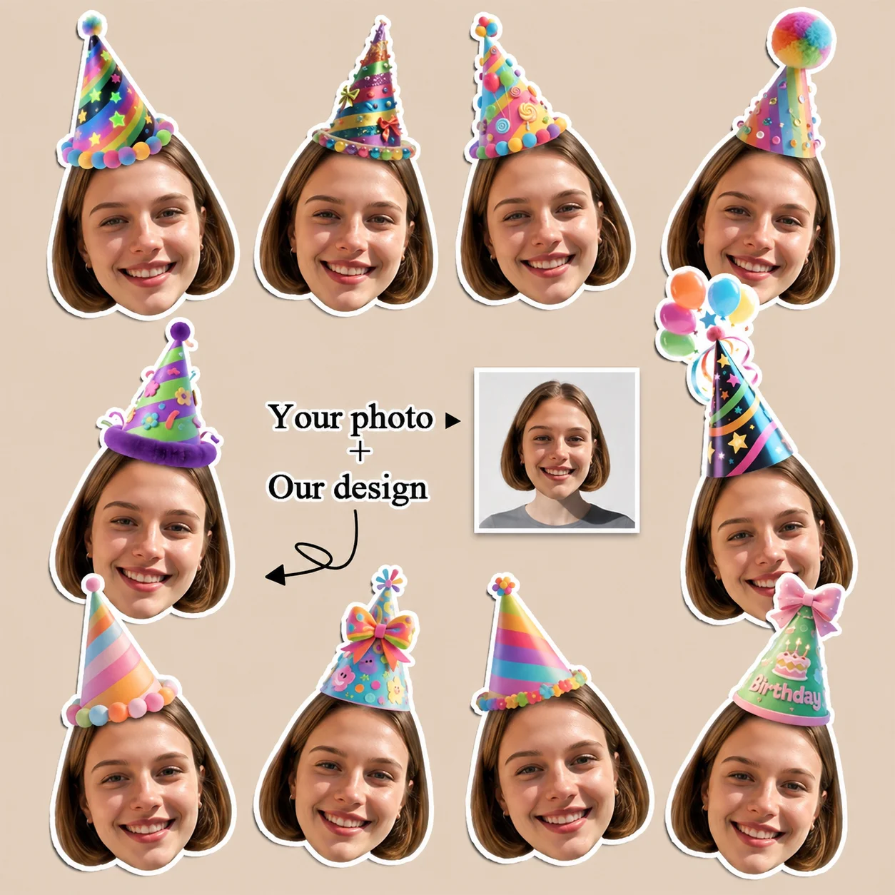 Custom Face Birthday Stickers, Personalized Photo Labels with Colorful Party Hats for Birthday Gifts, Party Favors & Decorations