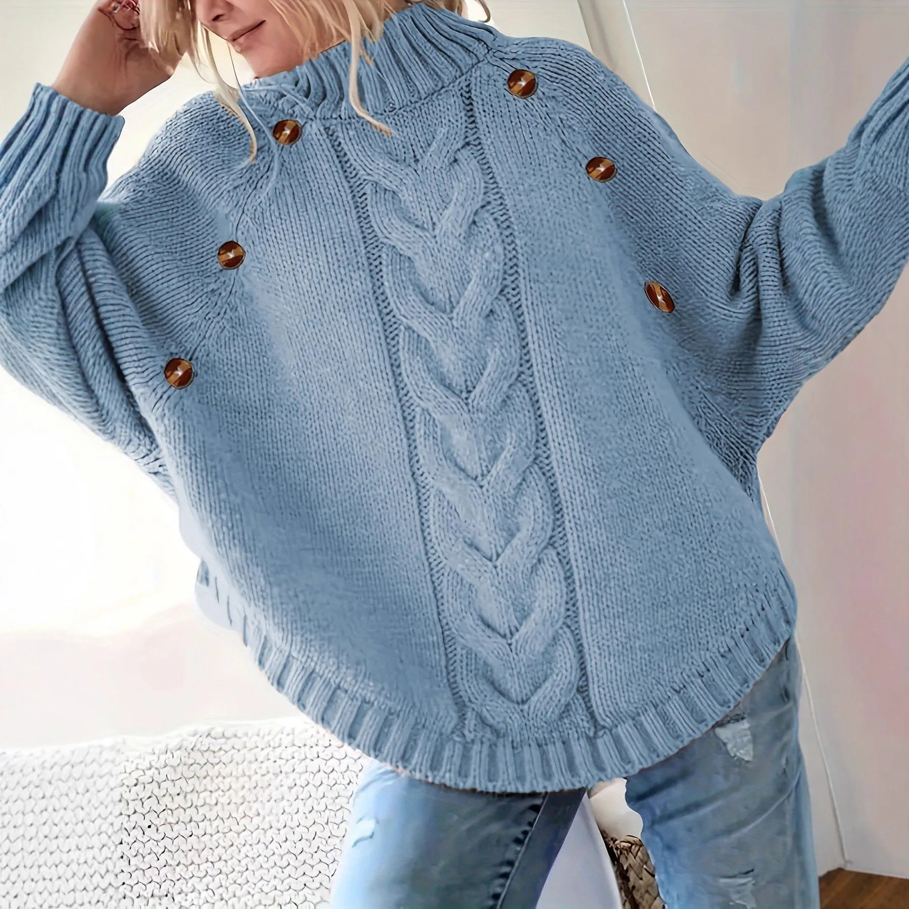 Autumn And Winter Sweater Loose Semi-turtleneck Knitted Sweater Solid Color Twist Jacket
