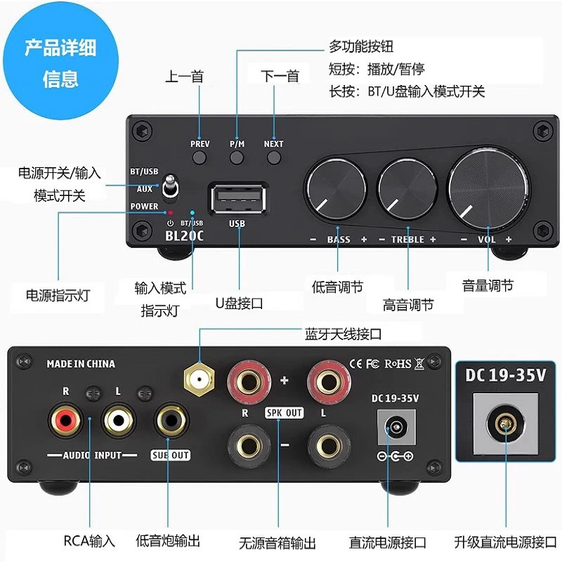 BL20C Bluetooth Stereo Amplifier 2.1 Mini HiFi