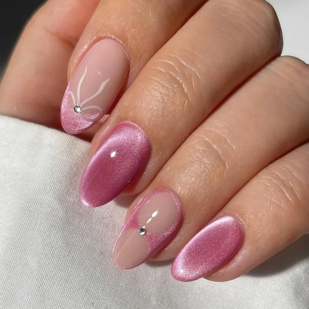 Cat's Eye Press On Nails Diamond Flash Pink Powder French Style Short Almond False Nails Sweet Summer Fake Nail Tips Almond