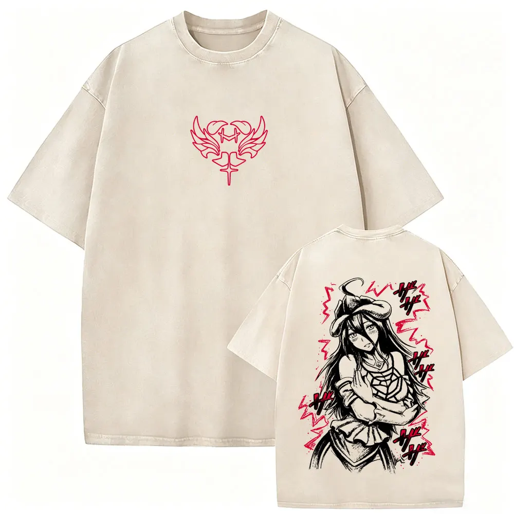 Washed Vintage Anime Overlord Albedo Graphic T-shirt Men Women Casual Cotton Oversized Tshirt Male Retro Manga Harajuku T Shirts
