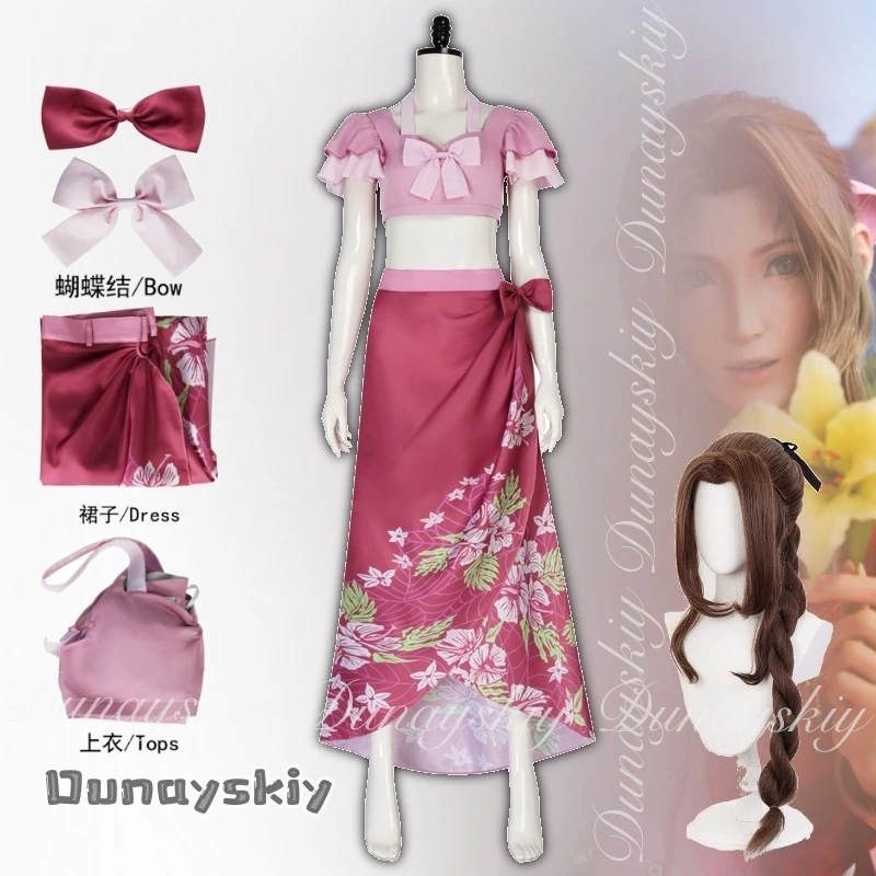 

{Anna zhang Online} Final Fantasy VII FF7 Rebirth Game Aerith Gainsborough Косплей с розовым платьем и длинным коричневым костюмом