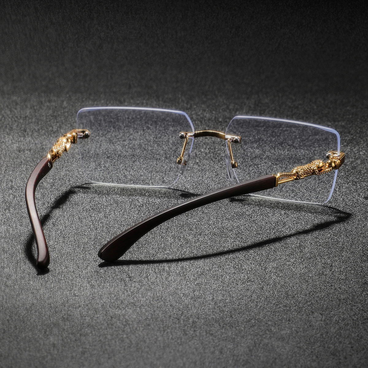 1組の、フレームのない、金色の木目模様が施された、長方形の、 - Men'S Fashion Non Prescription Glasses のレビューと価格