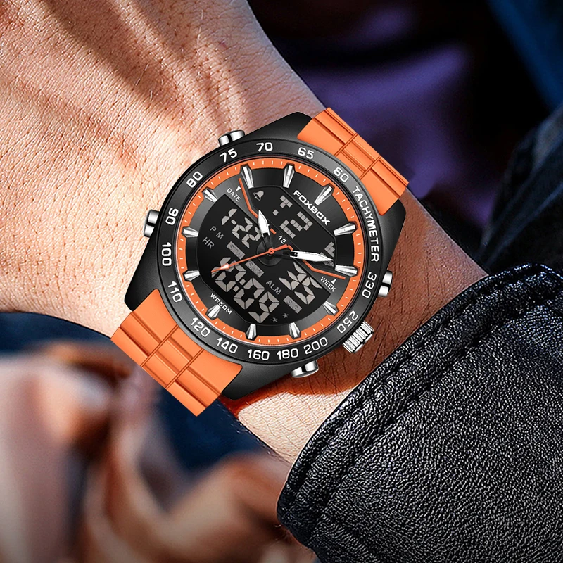 FOXBOX Brand Electronic Man Watch Fashion Alarm Week 50M Waterproof HD Lume Dual Display Sport Digital Stopwatch Watches for Men