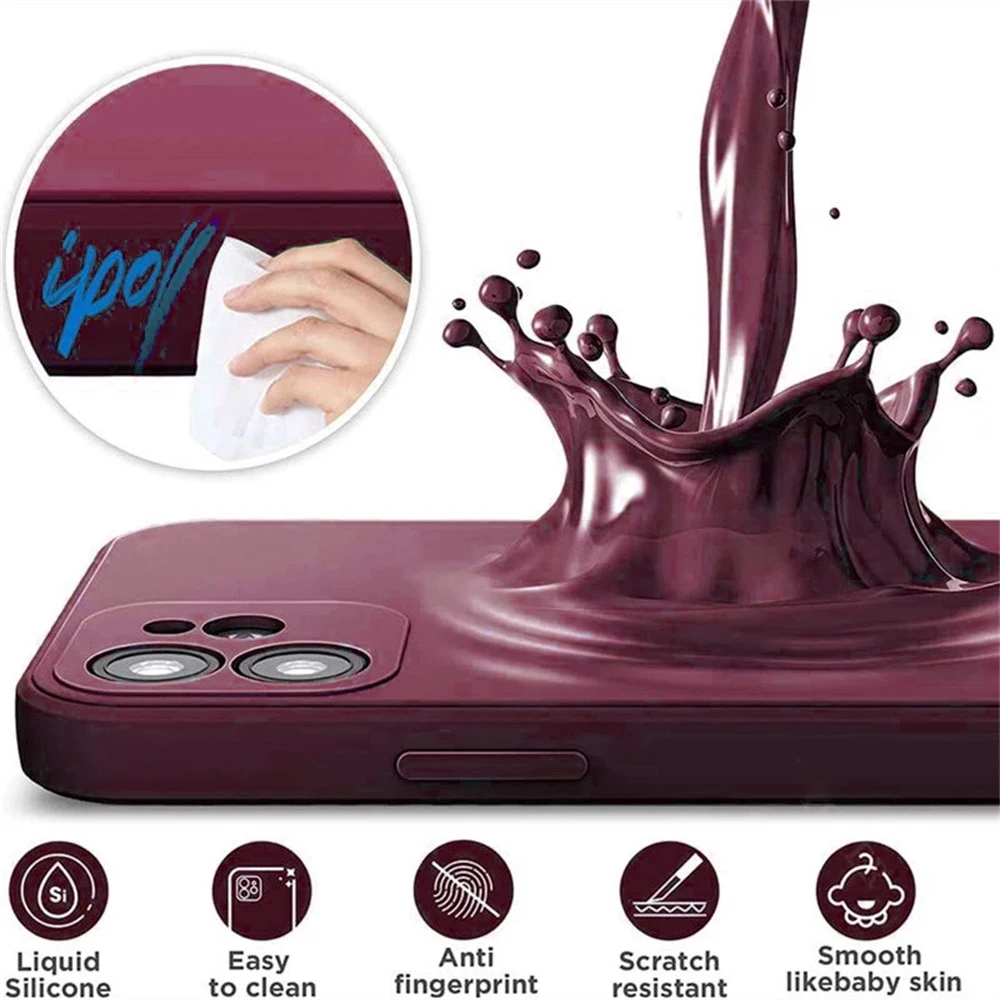 حافظة لهاتف آيفون 16 برو باللون الأحمر البرقوق لهاتف آيفون 11 12 13 14 15 Pro Max 12 Mini 7 8 X XS XR حافظة خلفية من السيليكون الناعم من مادة البولي يوريثان