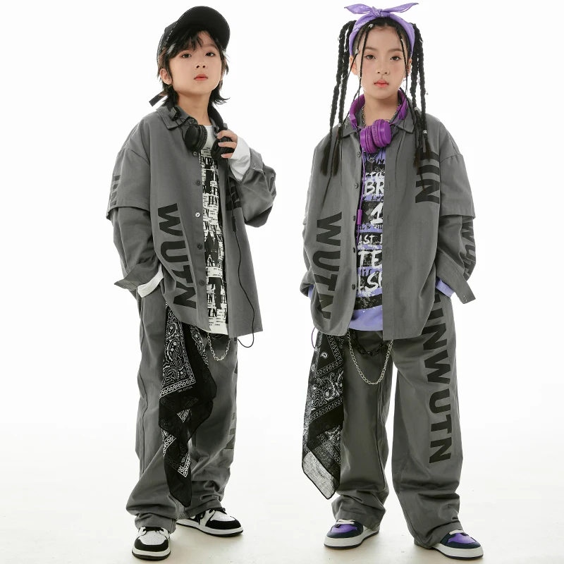 Children Hip Hop Suit Gray Long Sleeves Overalls Shirt Pants Boys Street Dance Costume Girls Jazz Performance Clothes BL11815