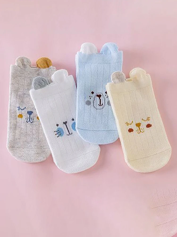 4 pairs Baby Socks Spring Autumn Contrast Color Little Ears Cartoon Mid-Tube Boys Girls Newborns Socks
