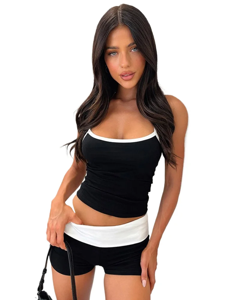 

Sexy Casual 2 Piece Set New Fashion Sports Comfort Bodycon Patchwork Simple Style Beach Sleeveless Cropped Top And Shorts Sets