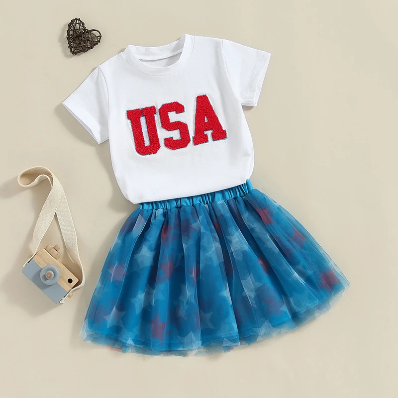 Kids Girls Summer Outfit  Short Sleeve Crew Neck Embroidery Letters T-shirt with Stars Print Tulle Skirt 4th of July Clothing