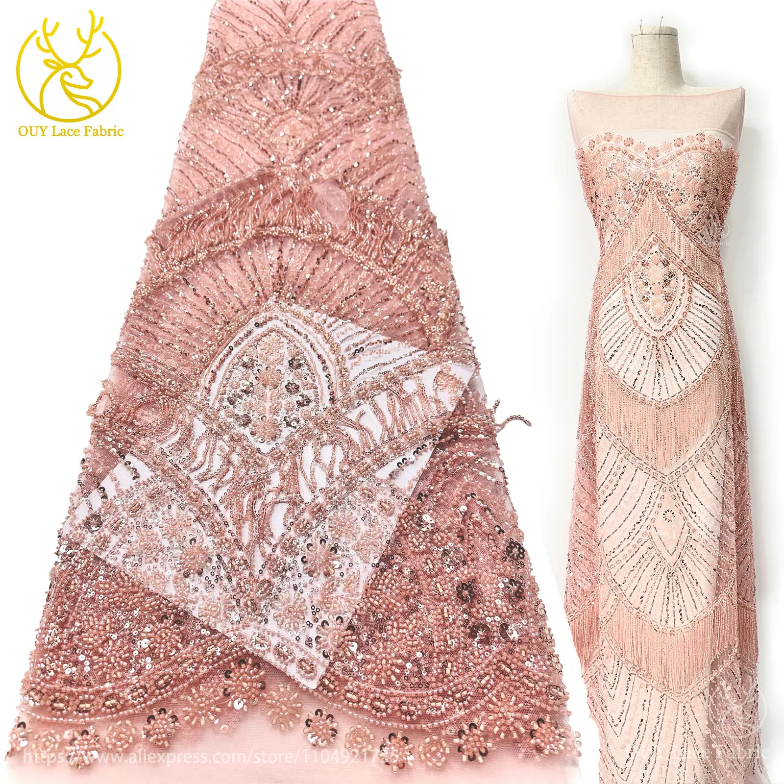 

Luxury African Fashion Design 3D Handmade Beaded Sequin Lace Fabric 2025 French Ladies Party Wedding Dress Sewing Lace Fabrics