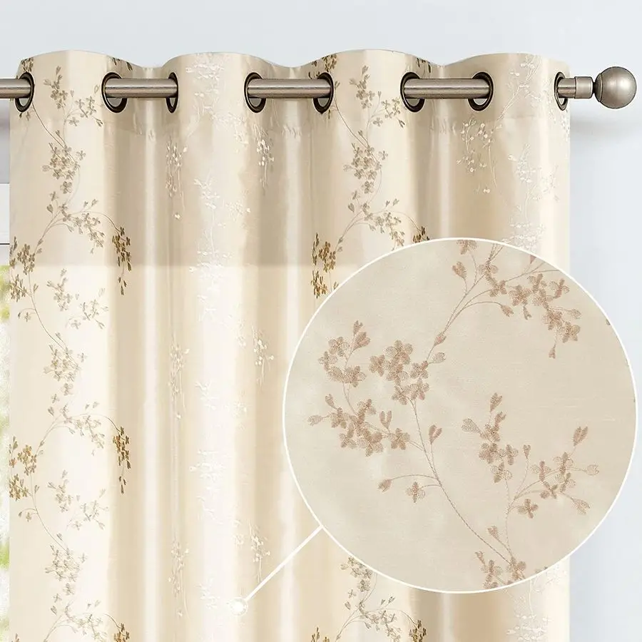 

Floral Embroidered Curtains for Living Room 84 Inch Long Faux Silk Drapes with Light Gold Flower Pattern, Light Filtering