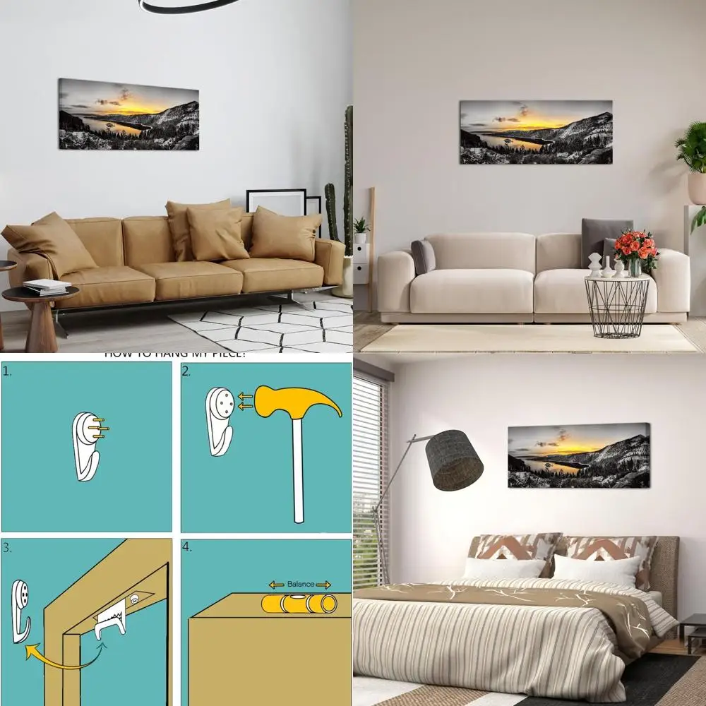 

Панорамное искусство с восходом озера Тахии в рамке — Изумрудный пейзаж из залива для декора дома и офиса, 20x48