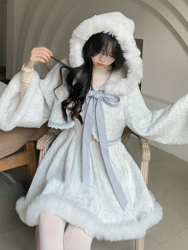 Japanese Sweet Strap Dress Suit for Women, Warm Korean Two Piece Set, Female Bow Wool Hooded Coat, Cute Party Mini Dress, Winter