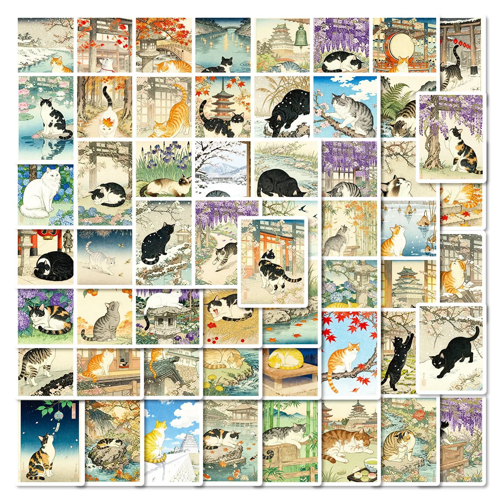 56/112 Pcs Japanese Retro Hand Drawn Cat Theme Stickers for Stationery Box Notebook Phone Laptop Printer Cup No Repeat Decals