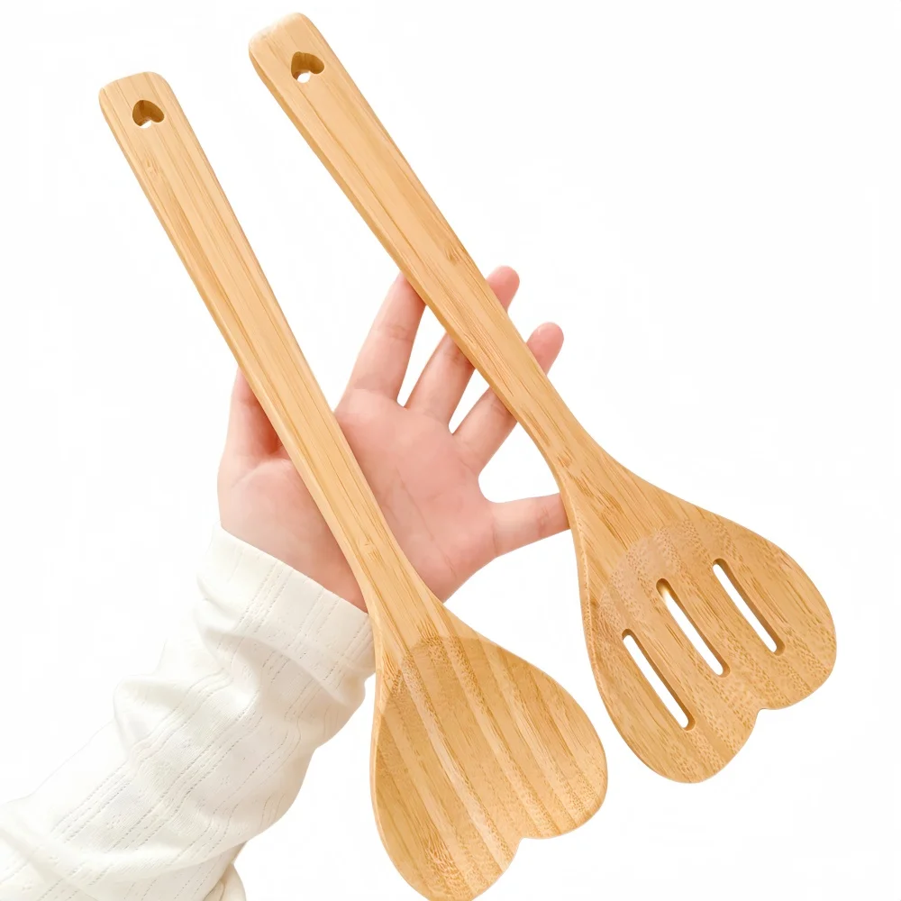 Heart Shaped Bamboo Spoon for Cooking Wooden Cook Spoons Kitchen Utensils Housewarming Gift 2Pcs/set