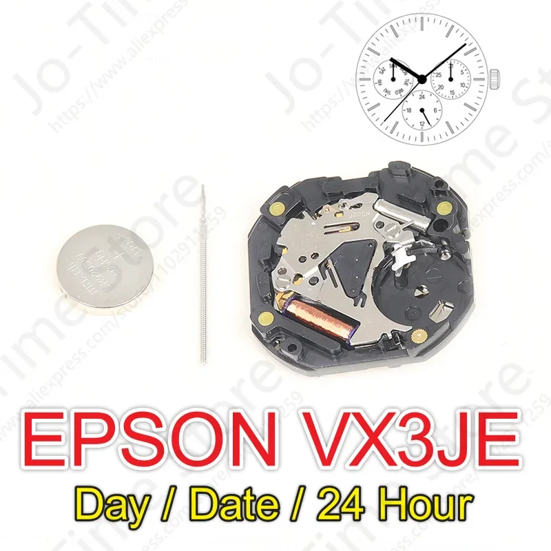 Slim 10.5'' VX3J/VX3JE Analog Quartz Movement - 3 Hands & 3 Eyes with Day/Date/24 Hour Display for Watch DIY