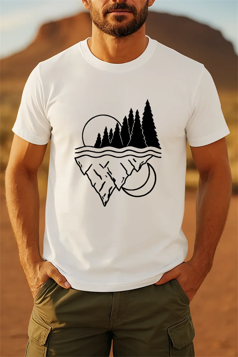 

Summer Men's New Sun Moon Reflection Printed T-shirt Fashionable, Casual, Breathable Short Sleeve Men