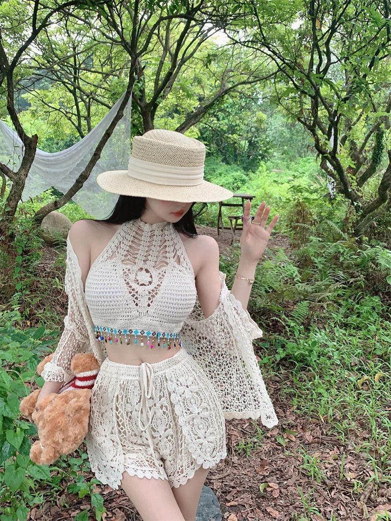 

Beach Sexy Lace Long Sve Sun Protection irt + Hanging Ne Small Strap Vest + High Waist Ruffle orts Комплект футболок W...