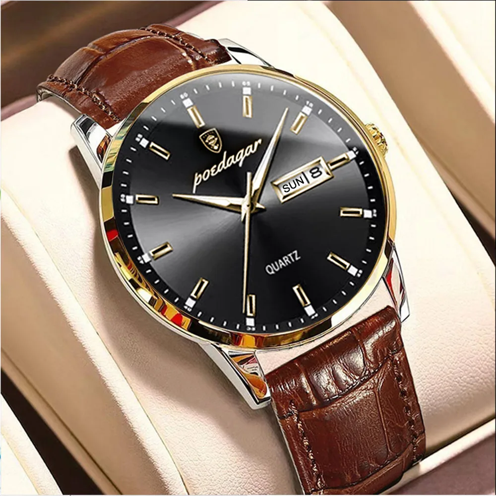 POEDAGAR Men Watch Business Quartz Watches Fashion Leather Waterproof Luminous Week Date Top Brand Luxury Men\'s Wristwatch Gift