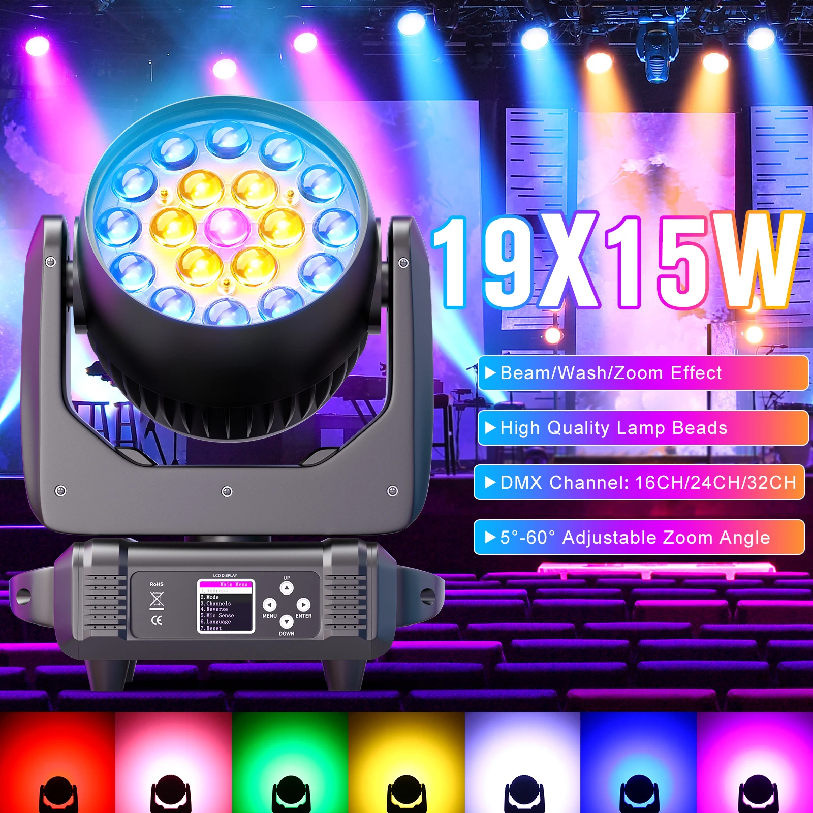 U'King 19x15W RGBW LED Moving Head Light 4in1 Beam Wash Zoom Lighting DMX512 Stage Light for DJ Disco Party Bar Wedding Concert