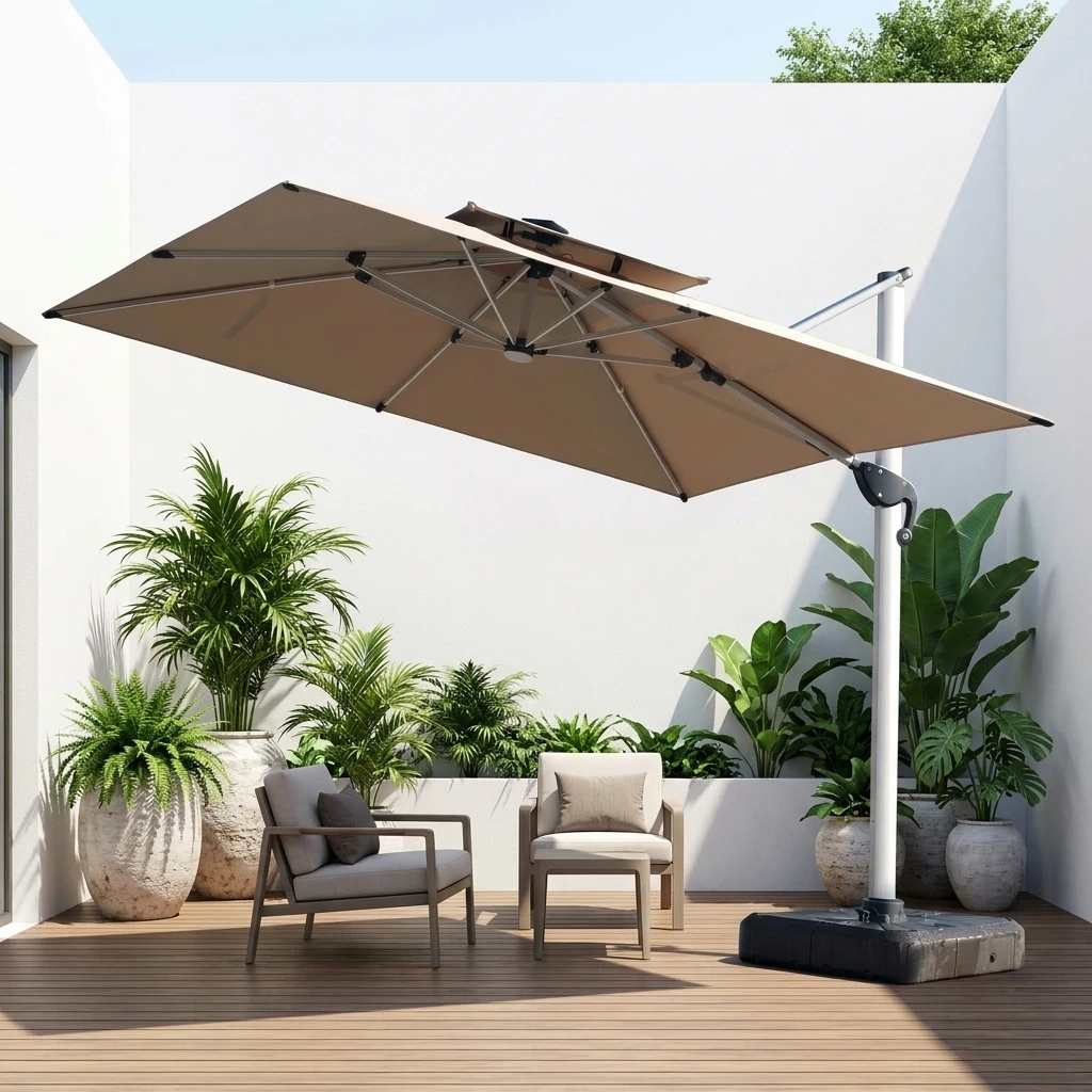 Double Canopy Square Offset Modern Hotel Patio Umbrella Windproof Aluminum Cantilever Crank Operation Outdoor Garden Sun Shade
