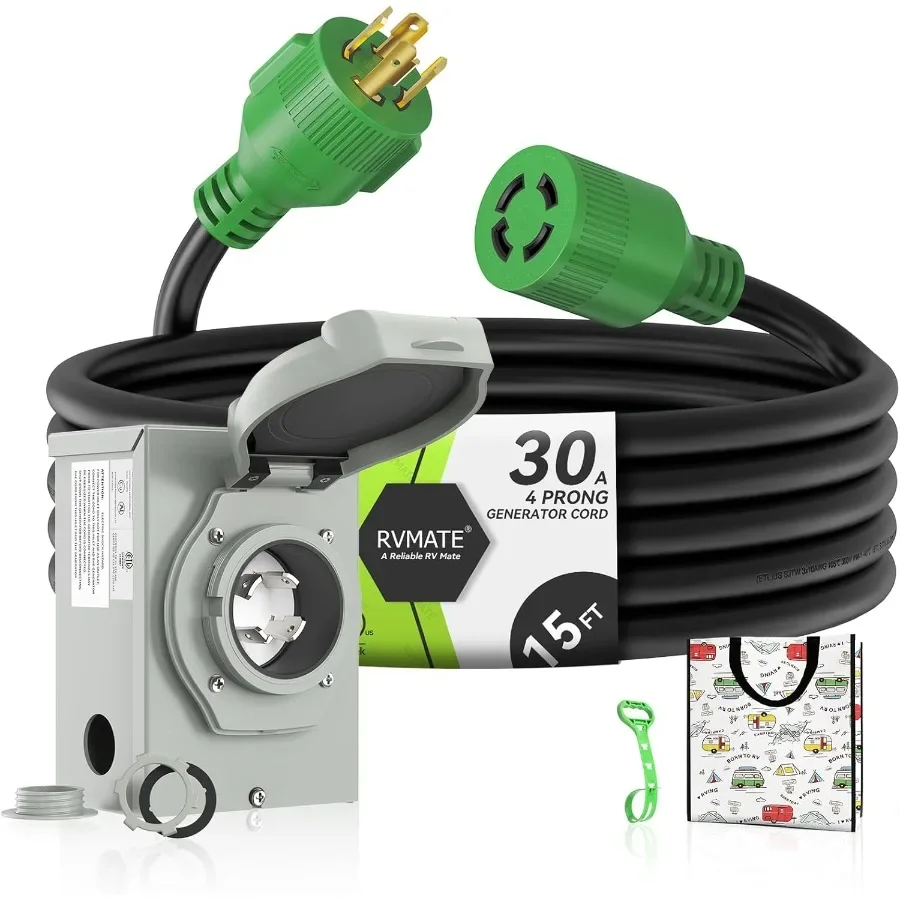 

4 Prong 30 Amp Generator Cord with PreDrilled Waterproof Power Inlet Box for Outdoor RV and Backup Generator Use 15FT NEMA L143