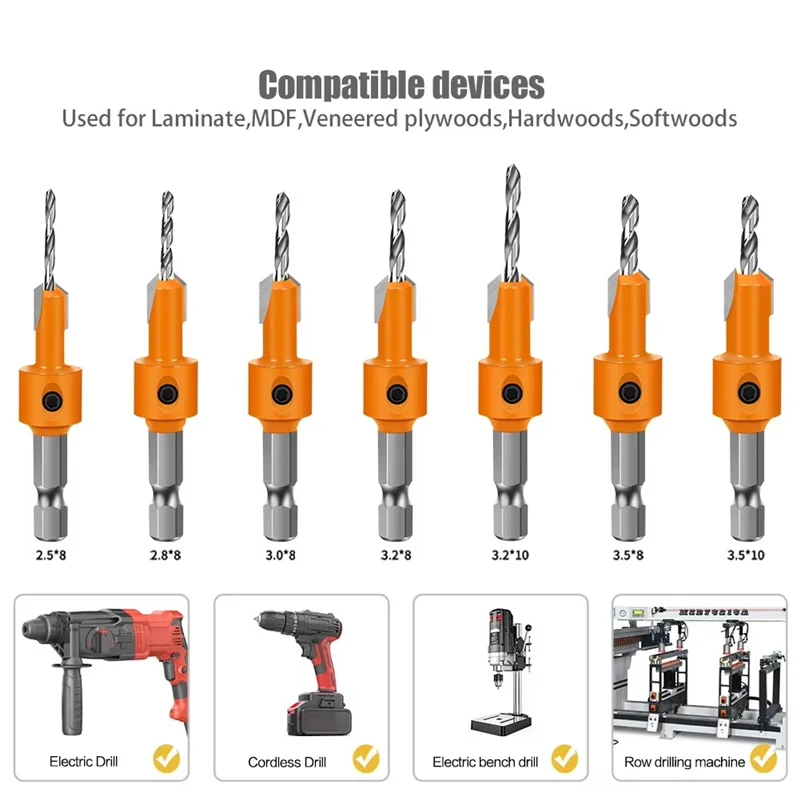 

7Pcs Hexagonal Shank Woodworking Countersunk Heads Drill, Screw Hole Double-Edged Drilling Countersunk-Head Drill-New