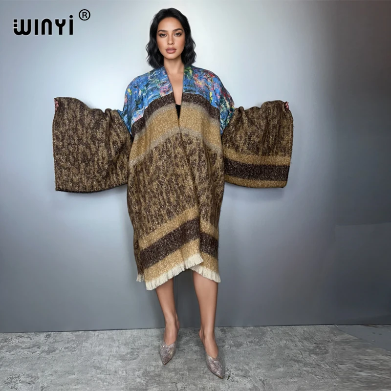 

WINYI Winter kimono Africa abaya muslim woman cardigan poncho tassels abaya dubai luxury OverCoat maxi coats muslim women dress