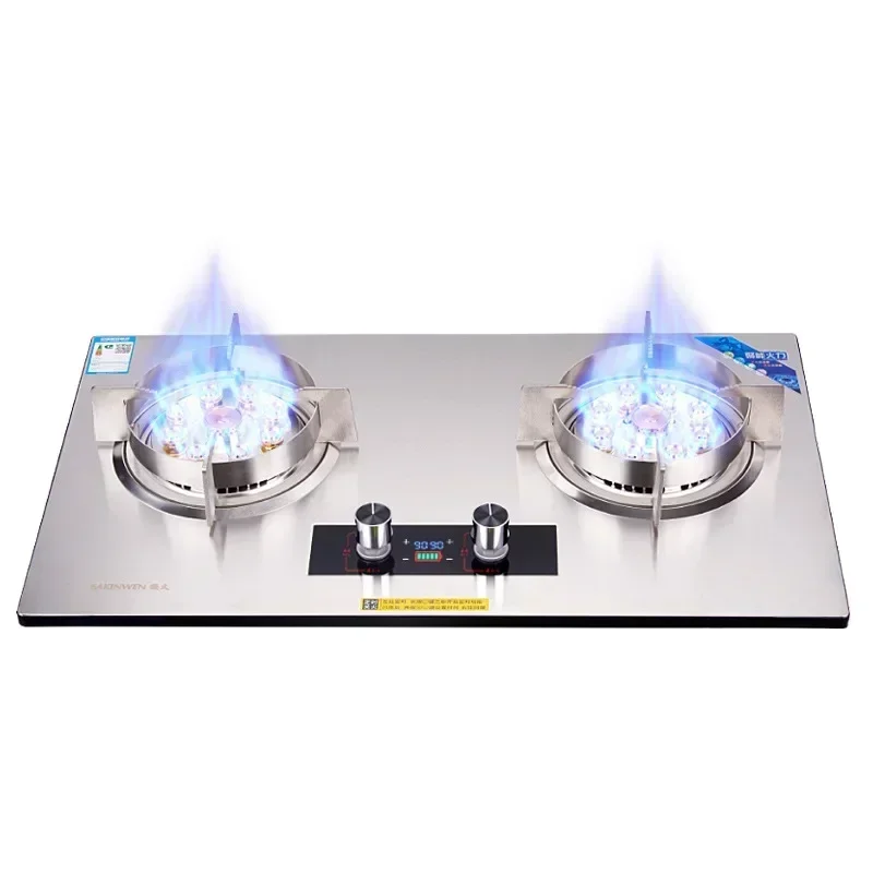 Fierce Fire Stainless Steel Timing Gas Stove Double Burner Embedded Natural Gas Stove with Upward Side Ventilation for Kitchen