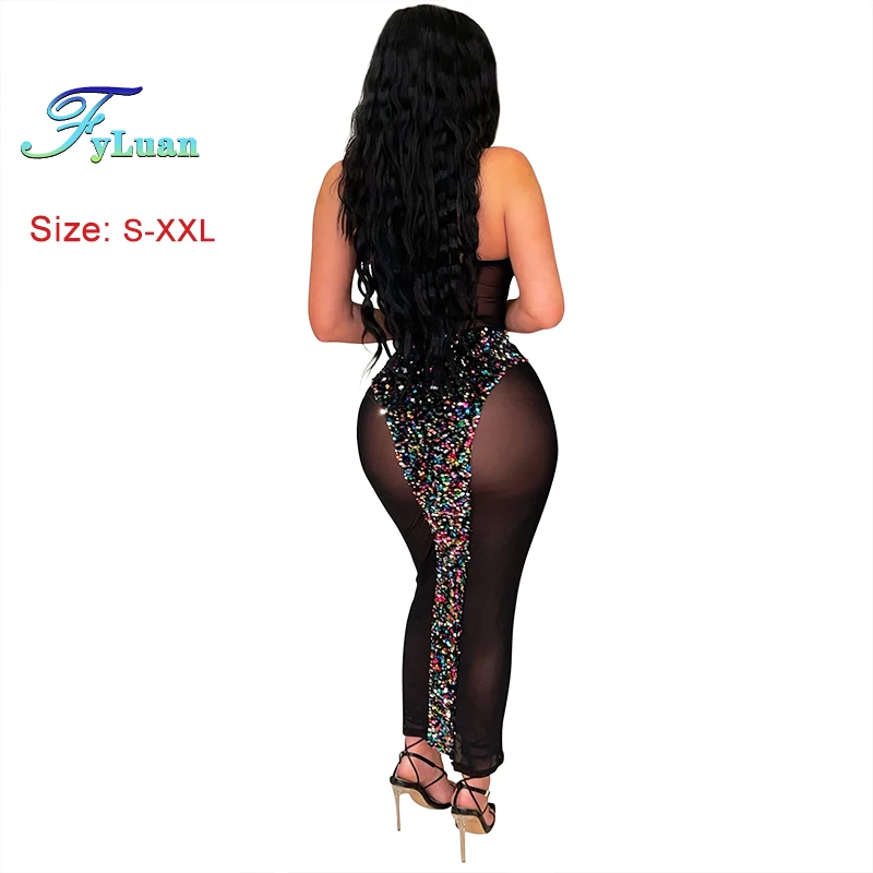 ฤดูร้อน Rhinestone ตกแต่ง SHEER ตาข่ายผู้หญิงแขวนคอกระโปรงเซ็กซี่ Slim ดูผ่านยาว One- Piece Clubwear ชุดชุดวันเกิด