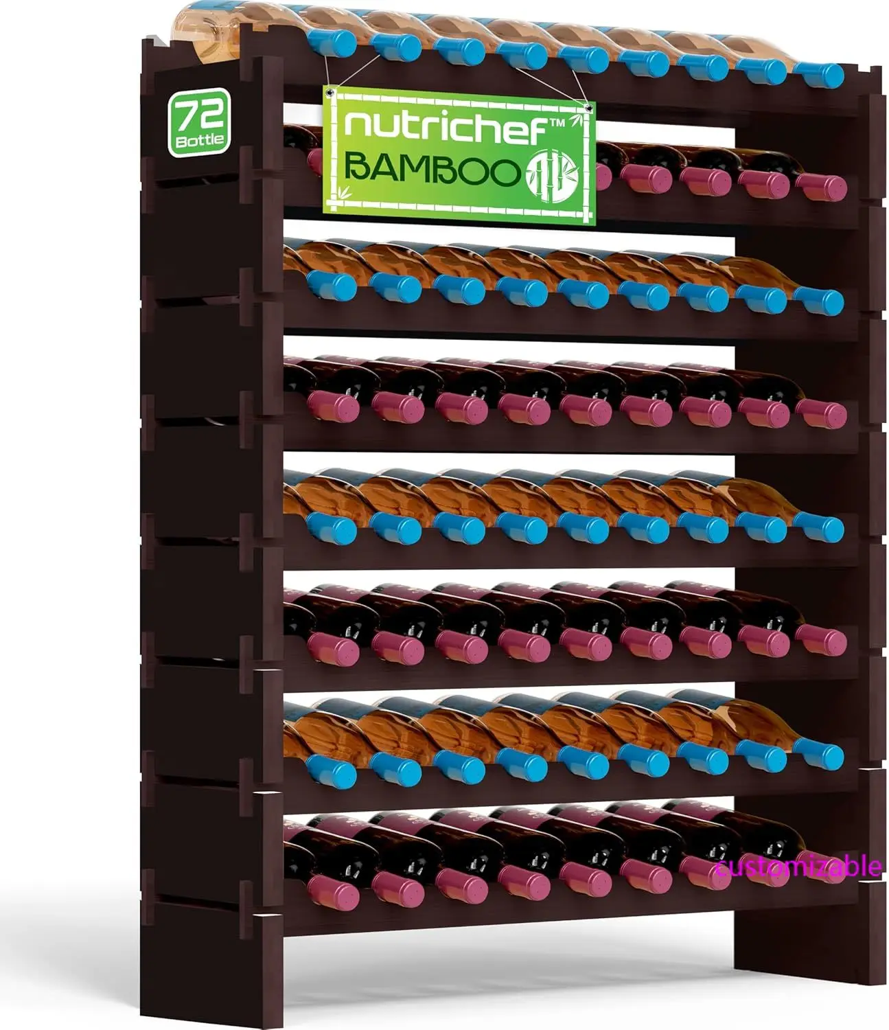 

Bamboo Stackable Wine Rack, 8-Tier 72 Bottle Capacity Wine Racks Free Standing Floor, Modular Storage Display Shelf, Black