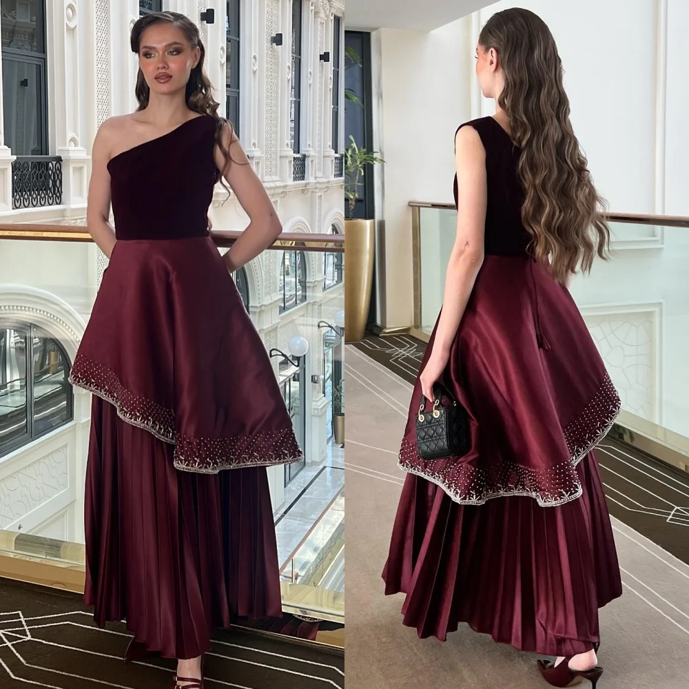 

Customized Matching Intricate Pleat Draped Tiered Beading Sequined A-line One-shoulder Midi Dresses Bespoke Occasion Dresses