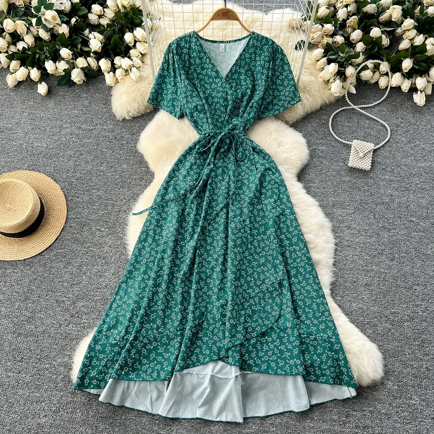 Summer Beach Maxi Dress Women Floral Print Boho Long Dress Ruffles Wrap Casual V-Neck Split Sexy Party Dress Robe Femme