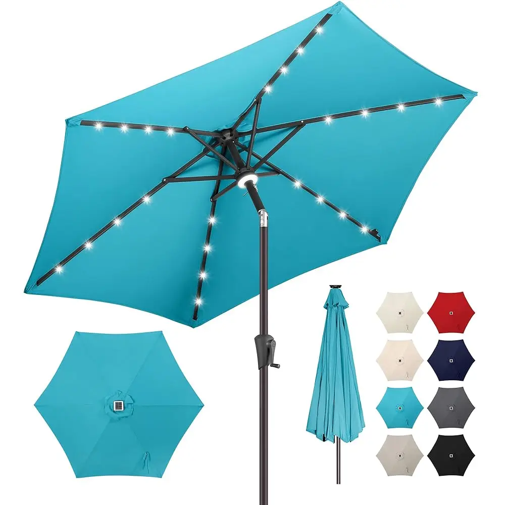 

7.5Ft Solar Umbrella Outdoor - Lighted Patio Umbrella With 24 Led Lights Waterprool Uv Protection, Table Umbrella With Tilt &