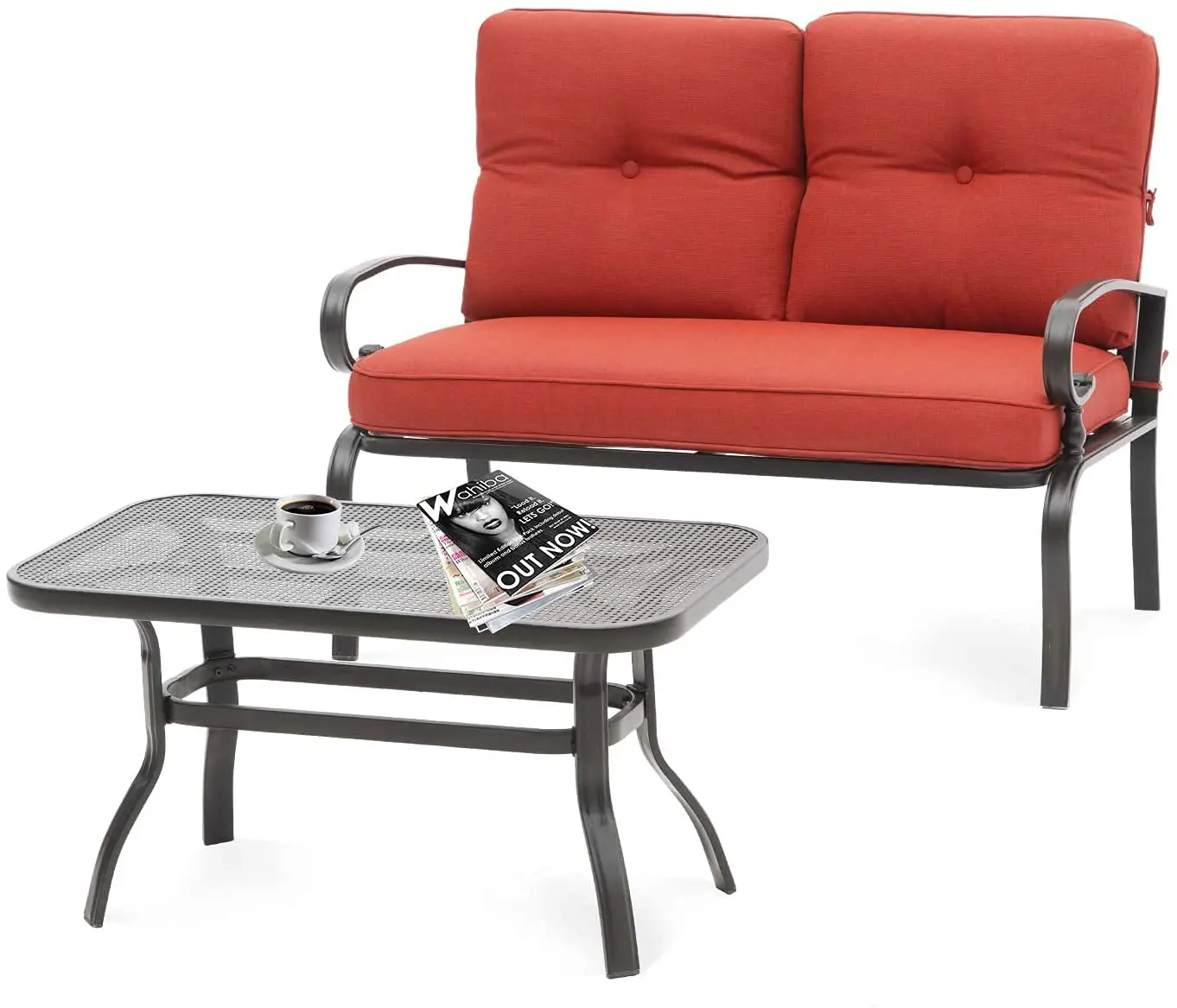 Patio Loveseat Bench Set with Bistro Coffee Table & Steel Frame Sofa Cushion, Wrought Iron Look, Lawn Garden, Customized