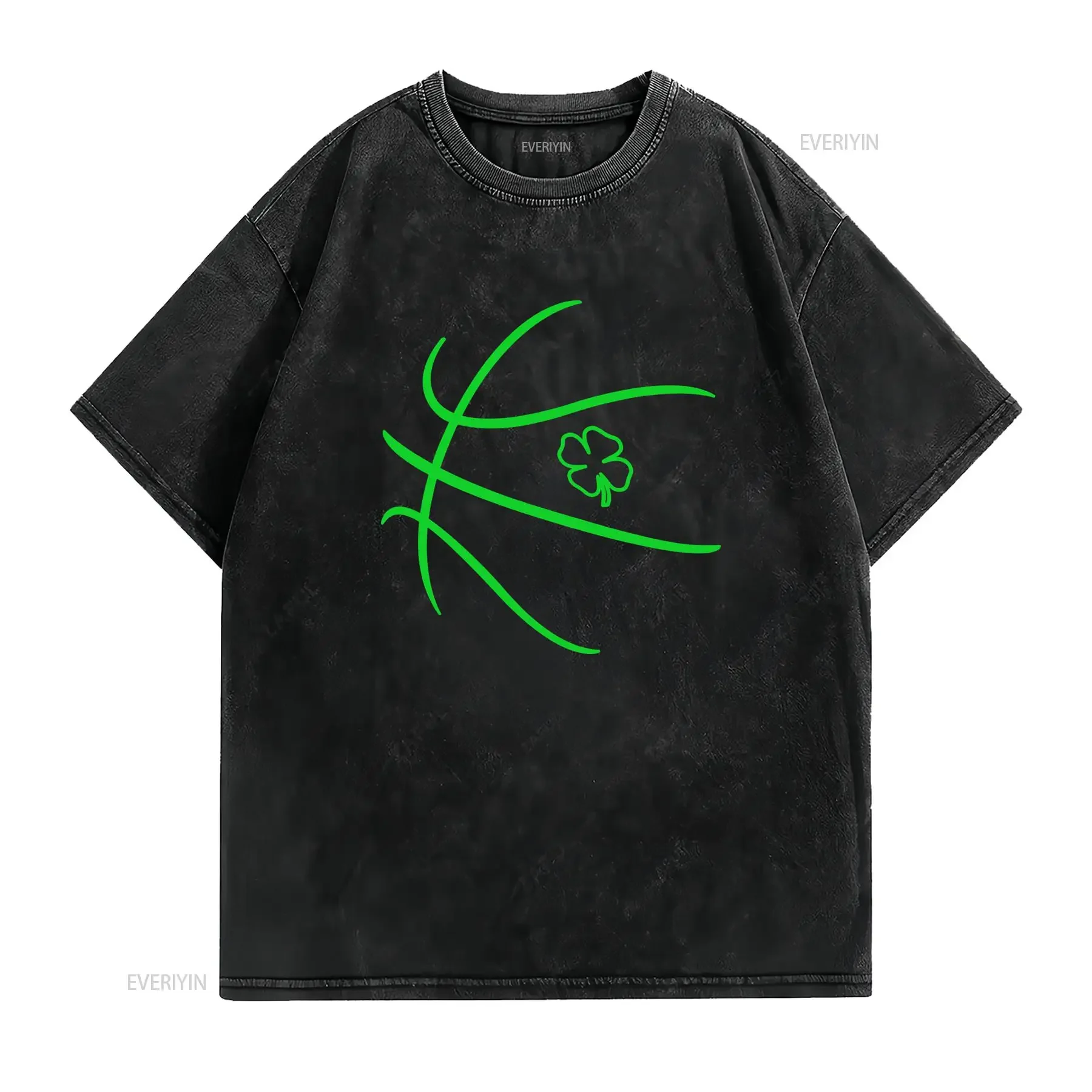 Casual Streetwear Neon Green Line Art Basketball Lucky Four Leaf Clover Print T Shirt vintage Washed homme Comfortable
